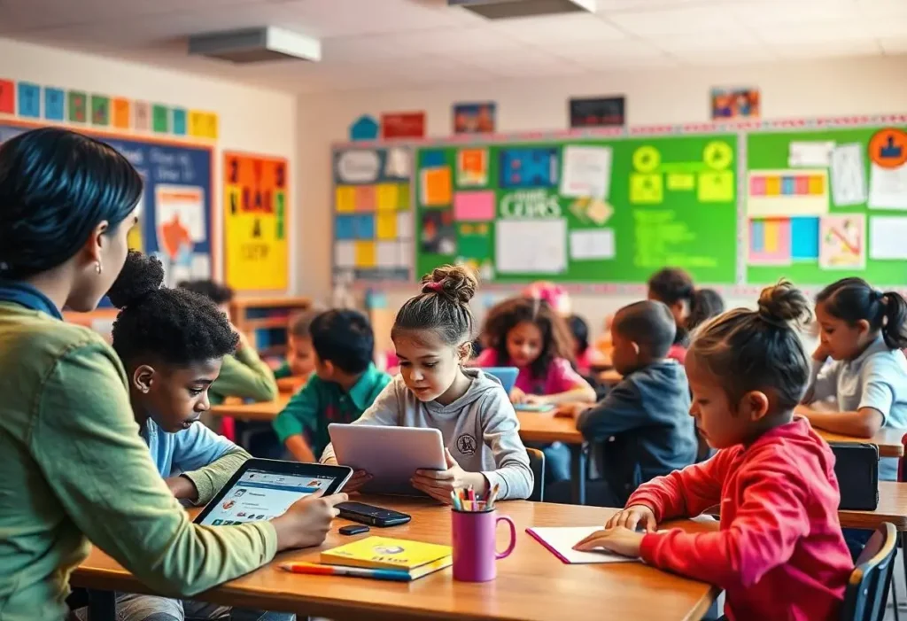 Students using tablets with educational apps, showcasing the use of assistive technology in a supportive and inclusive classroom.