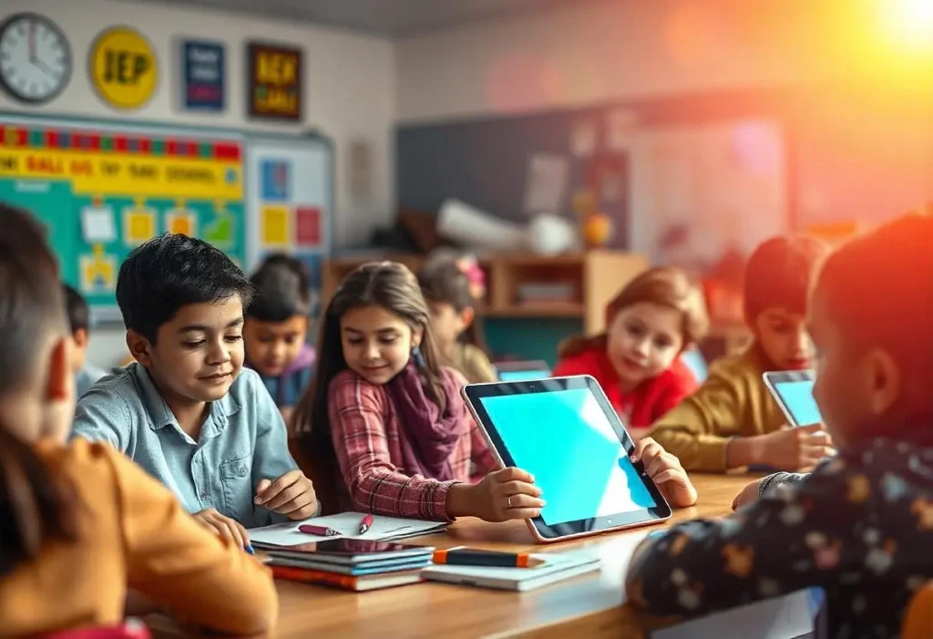 Engaged students working with visual aids like colorful posters and charts, representing multi-sensory learning techniques.