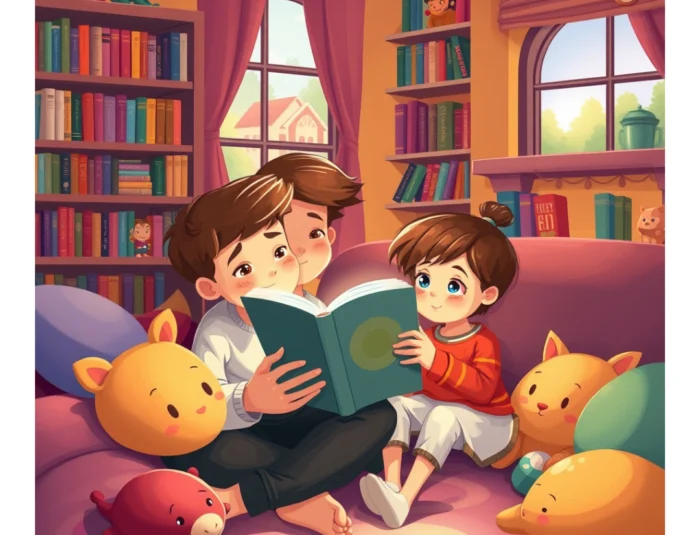 A child and a parent reading together, surrounded by floating letters and words, indicating the development of language skills.