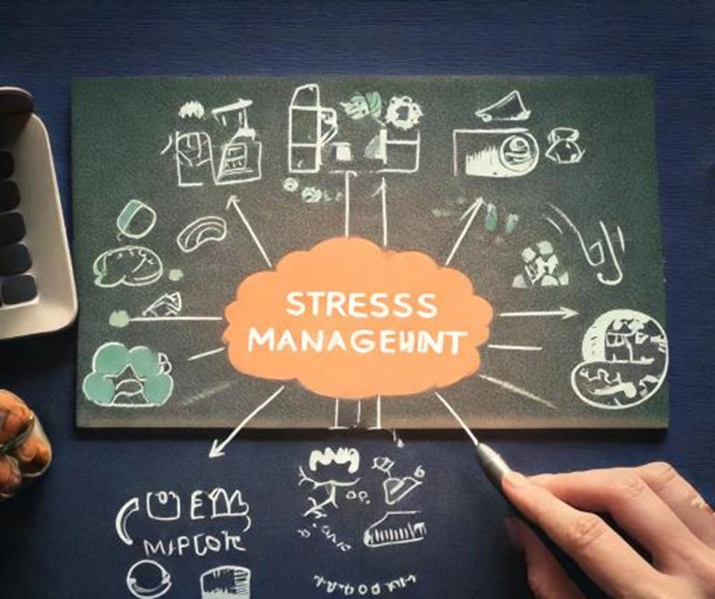 Illustration of different stress management techniques such as time management, exercise, and relaxation.