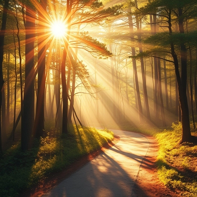 An illustration of a winding forest path bathed in warm sunlight, symbolizing a journey of healing with rays of light breaking through the trees.