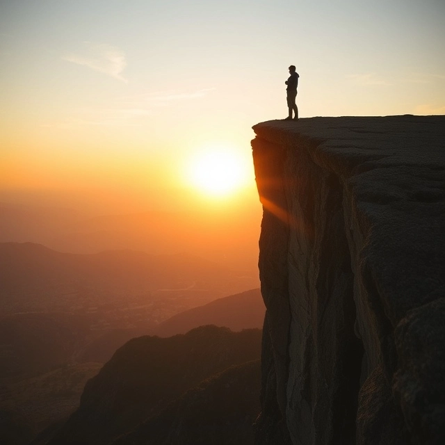 A person standing on the edge of a cliff at sunrise, with warm light beginning to illuminate the landscape, symbolizing hope and transformation from darkness to light