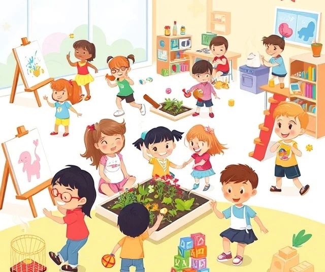 A colorful and lively scene of children engaging in various creative and educational activities such as painting, conducting a science experiment, reading, gardening, and playing musical instruments, all set in a bright and cheerful environment.