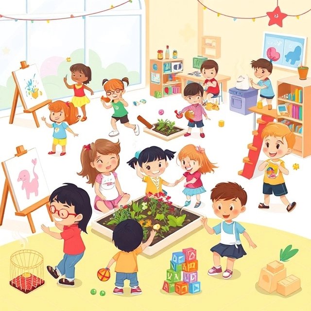 A colorful and lively scene of children engaging in various creative and educational activities such as painting, conducting a science experiment, reading, gardening, and playing musical instruments, all set in a bright and cheerful environment.