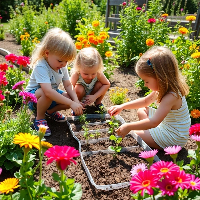 Children planting seeds and watering plants in a sunny garden, surrounded by blooming flowers.