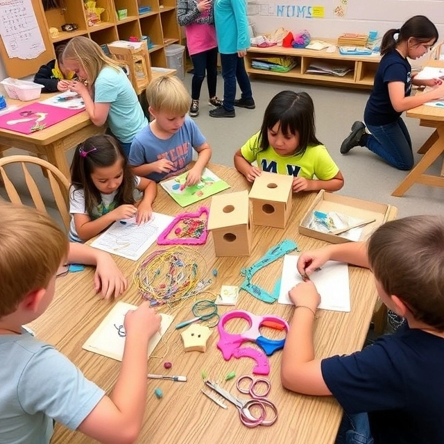 Children working on DIY projects like making jewelry and building birdhouses, surrounded by craft materials.