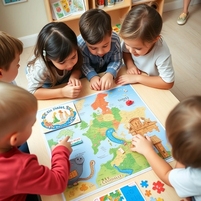 Kids solving puzzles and playing educational board games, working together in a fun and engaging environment.