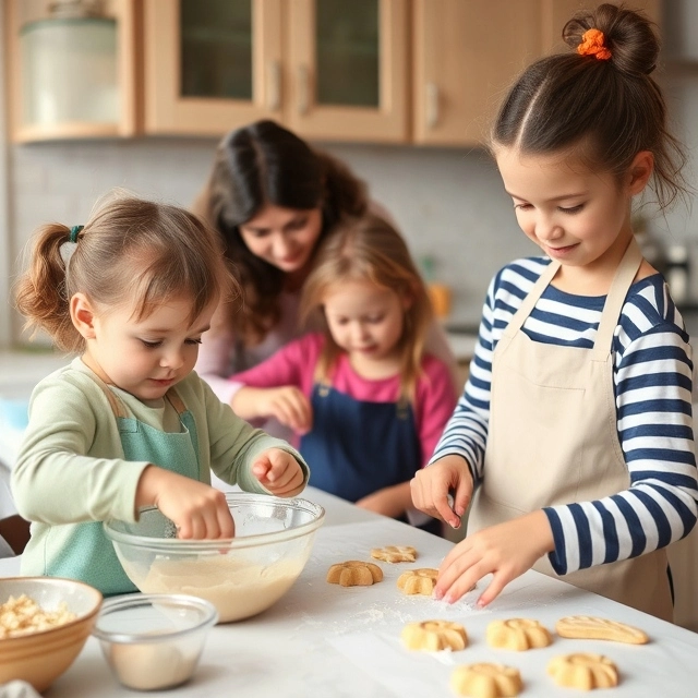 Kids helping in the kitchen, mixing ingredients and decorating cookies, with a parent guiding them.