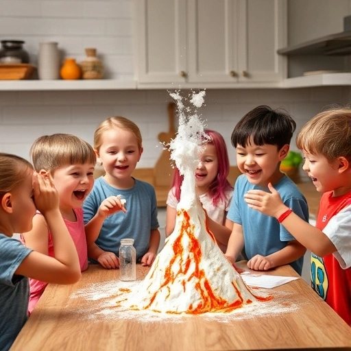 Children excitedly conducting a baking soda volcano experiment at a kitchen table, with colorful liquids bubbling up