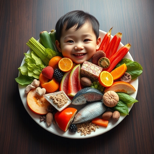 A colorful plate with various healthy foods like fruits, vegetables, fish, nuts, and grains.