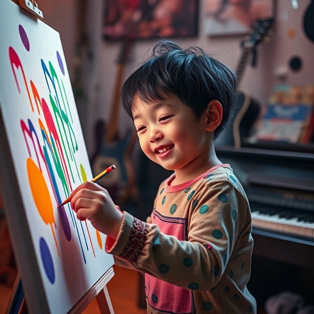 A child painting on a canvas with musical instruments in the background.