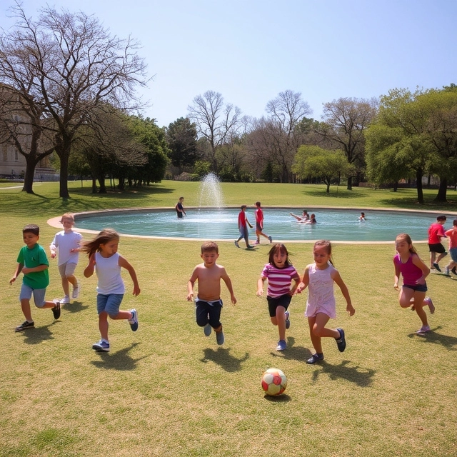 Children playing sports and running in a park.