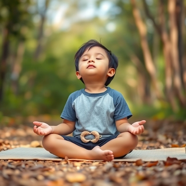 A child practicing mindfulness, sitting cross-legged in a serene outdoor setting."