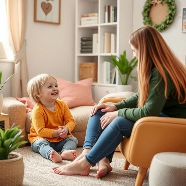 A child talking to a friendly therapist in a cozy room.