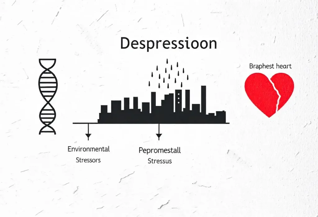 A flowchart illustrating the various causes of depression, including genetic, biological, and environmental factors.