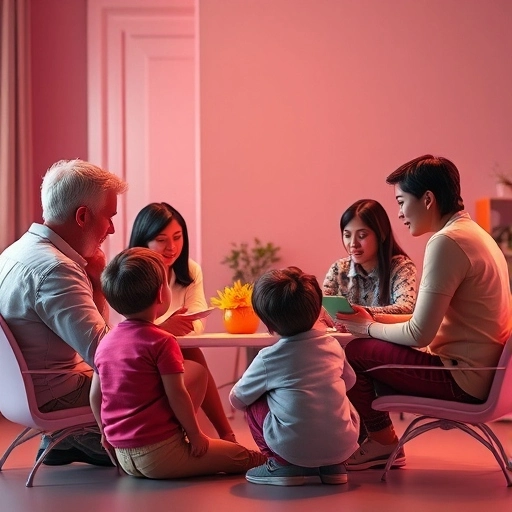 A group of parents and children in a support group setting, sharing experiences about speech delays.