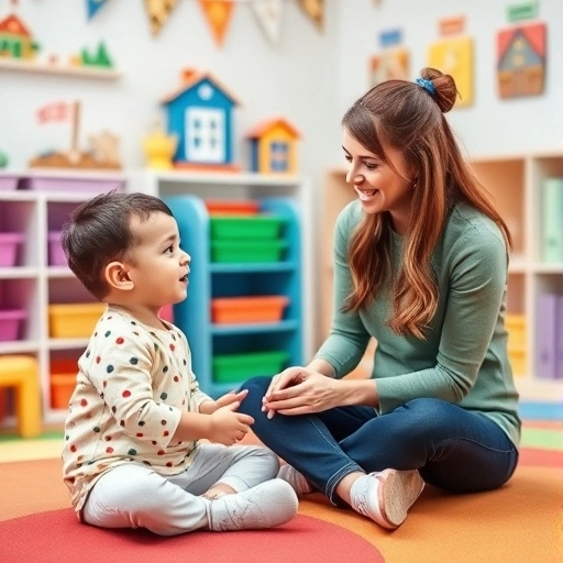 A speech-language pathologist conducting a speech assessment with a young child in a colorful therapy room