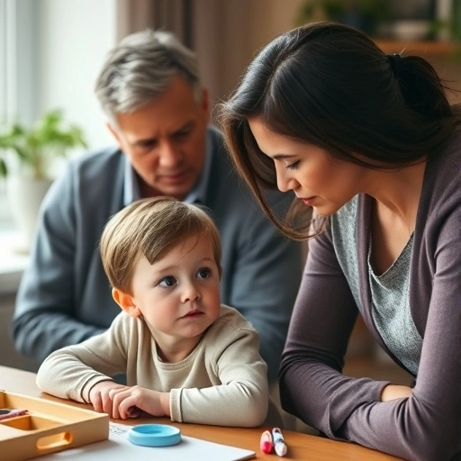 A parent observing a young child struggling to speak, with speech therapy tools on the table.