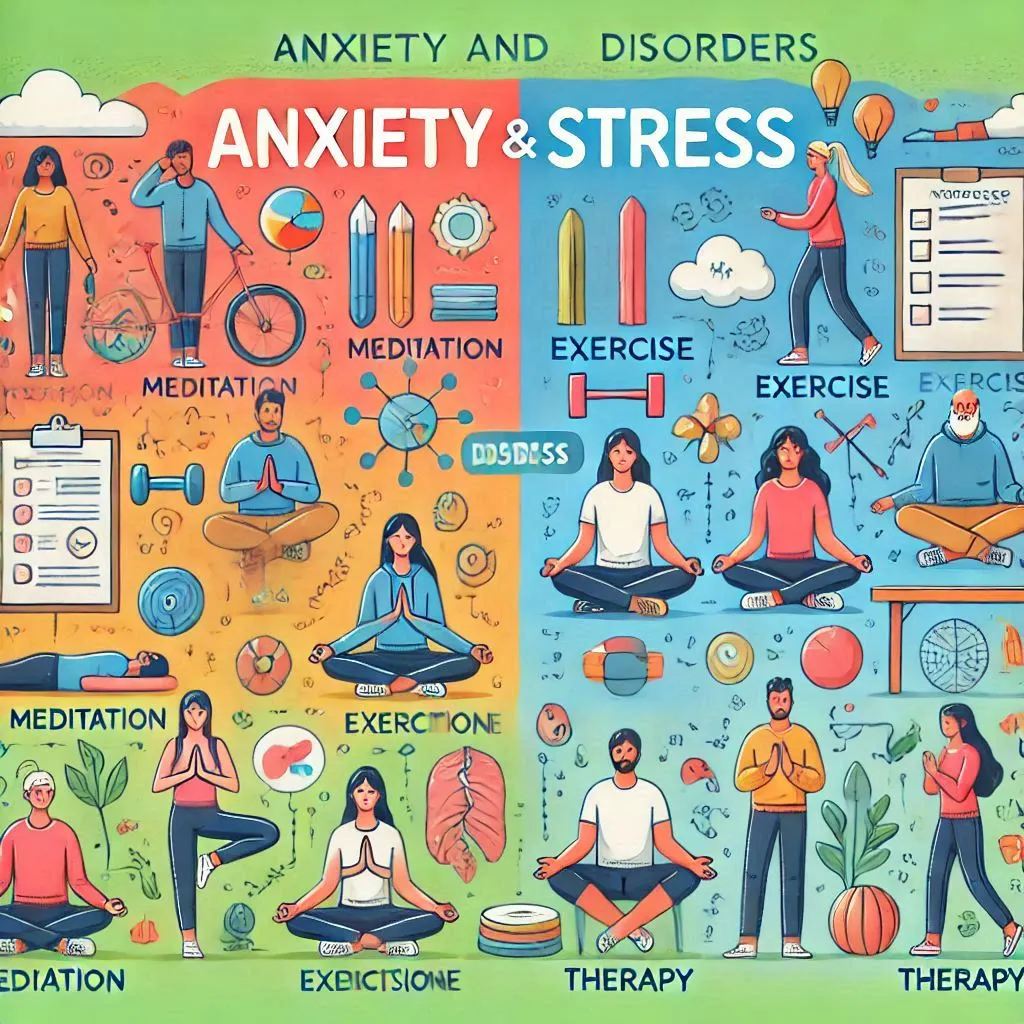 Graphic showing a comparison between anxiety and stress disorders with key differences and symptoms highlighted.