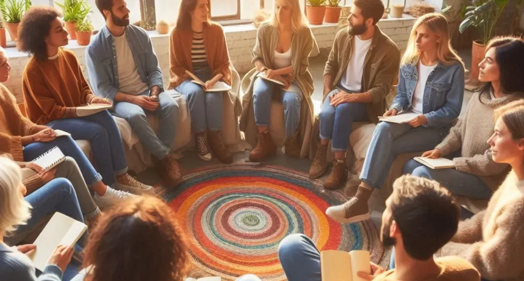 A vibrant and diverse group of individuals sitting in a circle in an open, sunlit room, engaging in a heartfelt conversation about mental health and trauma